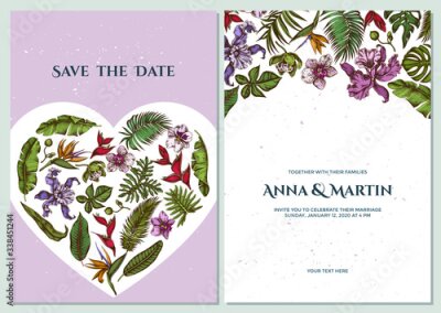 Papier peint  Wedding invitation card with colored monstera, banana palm leaves, strelitzia, heliconia, tropical palm leaves, orchid