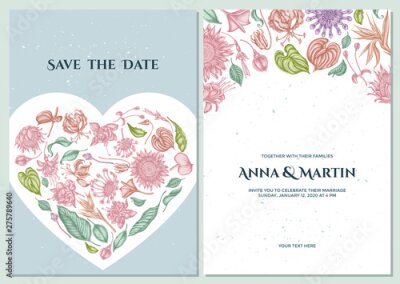 Papier peint  Wedding invitation card with pastel african daisies, fuchsia, gloriosa, king protea, anthurium, strelitzia