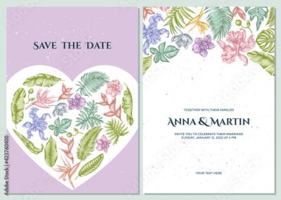 Papier peint  Wedding invitation card with pastel monstera, banana palm leaves, strelitzia, heliconia, tropical palm leaves, orchid