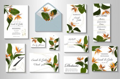 Papier peint  Wedding invitation with Strelitzia  flowers. Vector watercolor.  Vector illustration. 