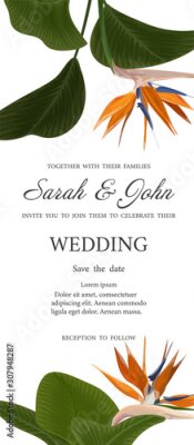 Papier peint  Wedding invitation with Strelitzia  flowers. Vector watercolor.  Vector illustration. 