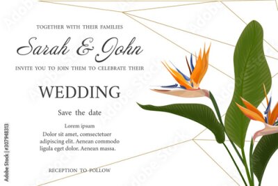 Papier peint  Wedding invitation with Strelitzia  flowers. Vector watercolor.  Vector illustration. 