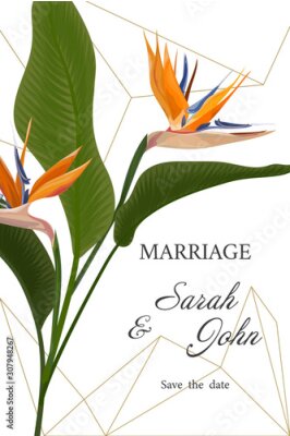 Papier peint  Wedding invitation with Strelitzia  flowers. Vector watercolor.  Vector illustration. 