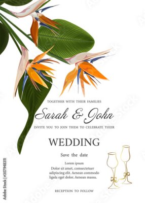 Papier peint  Wedding invitation with Strelitzia  flowers. Vector watercolor.  Vector illustration. 