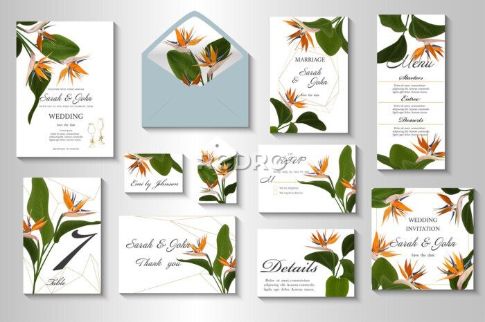 Papier peint  Wedding invitation with Strelitzia  flowers. Vector watercolor.  Vector illustration. 