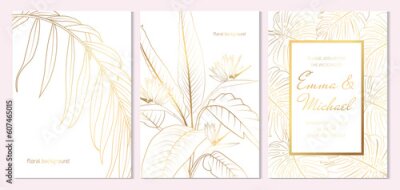 Papier peint  Wedding marriage event invitation card template. Gold tropical jungle monstera leaves, strelitzia flowers or bird of paradise flower and palm leaf border frame line art background.