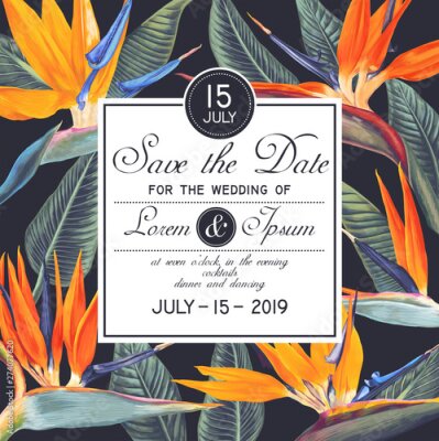 Papier peint  Wedding or party invitation template with tropical flowers - Strelitzia, South African plant, called crane flower or bird of paradise. Save the Date card with botanical design in realistic style.