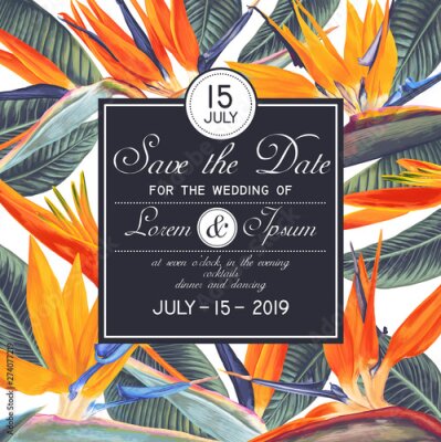 Papier peint  Wedding or party invitation template with tropical flowers - Strelitzia, South African plant, called crane flower or bird of paradise. Save the Date card with botanical design in realistic style.