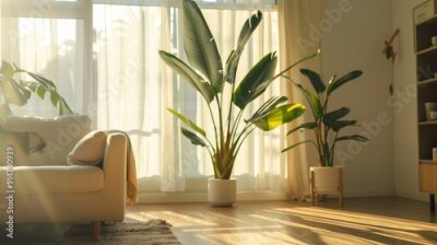 Papier peint  Wide shot of sunny living room with big tropical plant, giant white bird of paradise, strelitzia nicolai, blank space