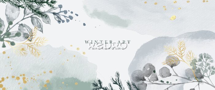 Papier peint  Winter background vector. Hand painted watercolor and gold brush texture, Flower and botanical leaves hand drawing. Abstract art design for wallpaper, wall arts, cover, wedding and  invite card. 
