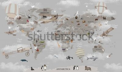 Papier peint  World map animals for kids room wallpaper design