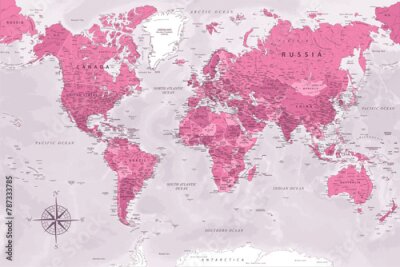 Papier peint  World Map - Highly Detailed Vector Map of the World. Ideally for the Print Posters. Rose Pink Colors. With Relief and Depth