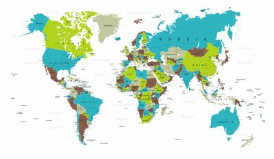 Papier peint  World Map Political Blue Green Grey Vector