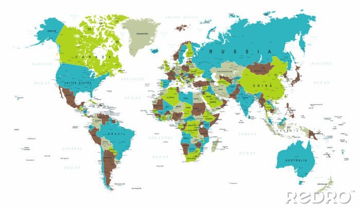 Papier peint  World Map Political Blue Green Grey Vector