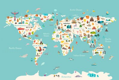 Papier peint  World map vector illustration. Landmarks, sight and animals hand draw icon. World vector poster for children, cute illustrated. Travel concept card