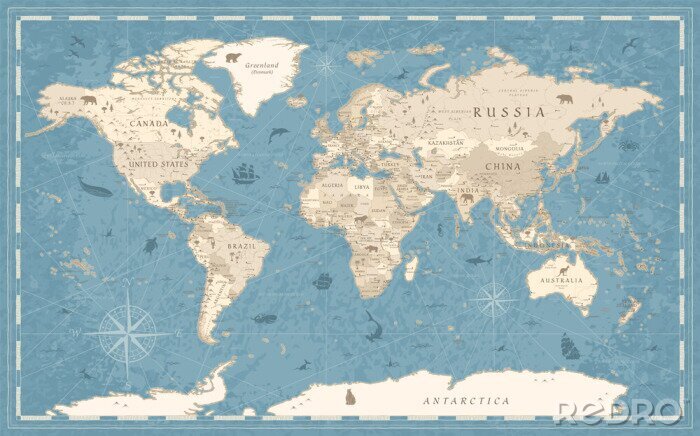 Papier peint  World Map Vintage Old-Style - vector - blue and beige