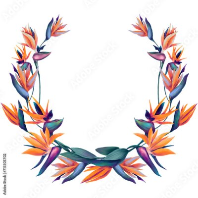Papier peint  Wreath with watercolor colorful strelitzia flowers