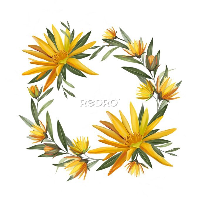 Papier peint  Wreath with yellow flowers. Round frame with Strelitzia reginae. Bird of paradise. Wedding illustration. Isolated on white.