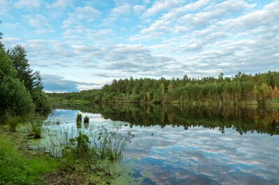 летний пейзаж с озером и отражением леса в воде, Россия, Урал