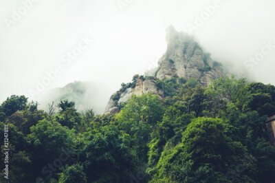 Papier peint  Montagnes près de l'abbaye de Montserrat en Espagne. Nuages ​​et brouillard Arbres sur les falaises.