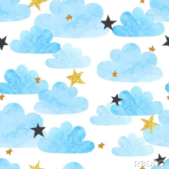 Papier peint  Motif de nuages ​​et étoiles aquarelle bleue vectorielle continue.