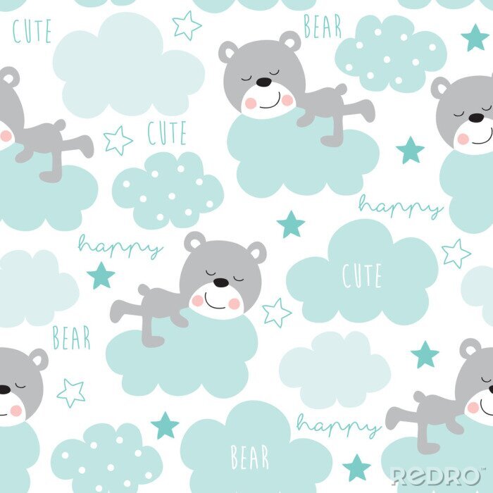 Papier peint  ours en peluche sans soudure et nuages ​​modèle vector illustration