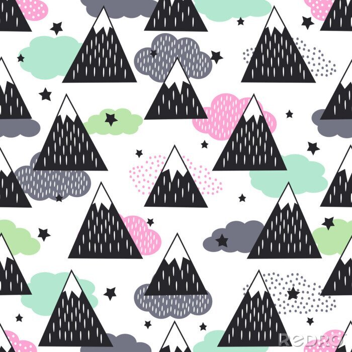 Papier peint  Seamless géométriques Snowy Mountains, les nuages ​​et les étoiles. Illustration graphique nature. Résumé montagnes en arrière-plan.