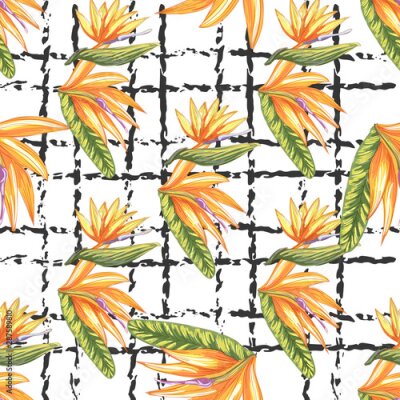 Papier peint  Tropic vintage background. Botanical vector illustration. Jungle flower botanical strelitzia pattern.
