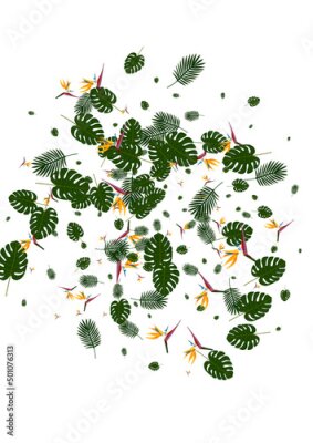 Papier peint  Yellow Hibiscus Background White Vector. Monstera Wrapping Backdrop. Pink Strelitzia. Botanical Frame. Light Green Branch Illustration.