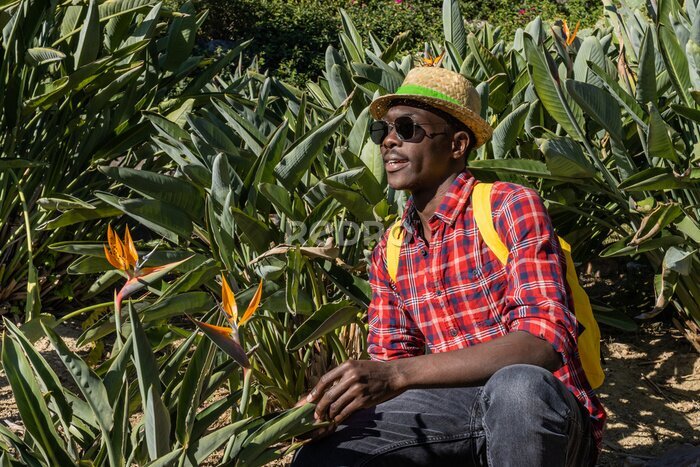 Papier peint  Young African visiting a botanical garden with a plant called Strelitzia.