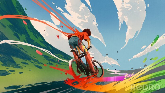 Papier peint  young man riding a bicycle with a colorful energy, digital art style, illustration painting