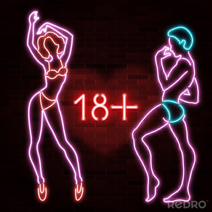 Poster  18+ banner with neon silhouette of sexy man and woman figures, beautiful silhouettes, nightclub, striptease, sex shop advertisement, vector illustration