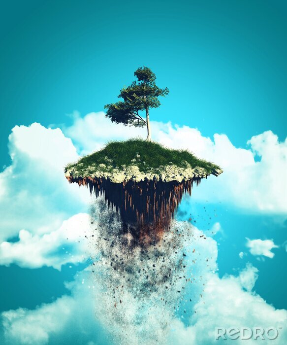 Poster  3D floating island exploding into the sky