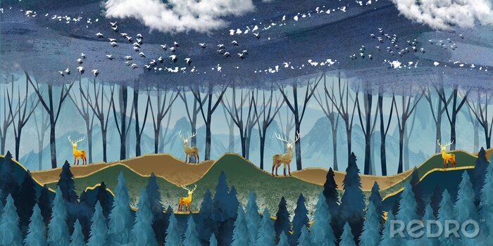 Poster  3d modern art mural wallpaper with dark blue Jungle , forest background . golden deer, christmas tree , mountains , clouds with white birds . Suitable for use as a frame on walls .