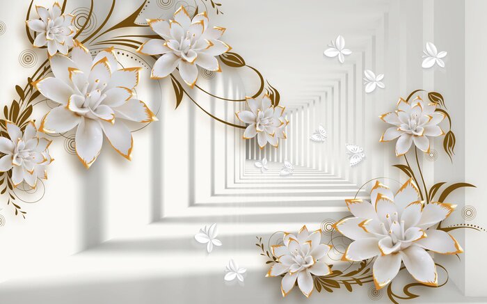 Poster  3d mural illustration background with golden jewelry and flowers , circles  decorative wallpaper