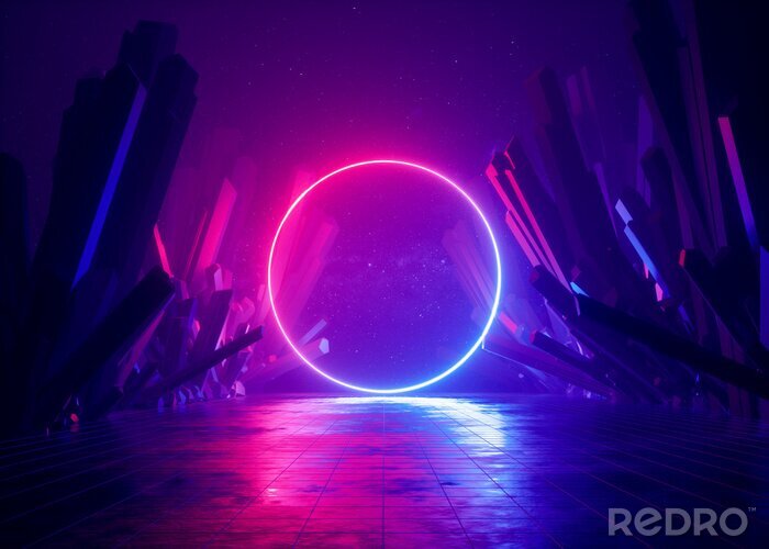 Poster  3d render, abstract background, cosmic landscape, round portal, pink blue neon light, virtual reality, energy source, glowing round frame, dark space, ultraviolet spectrum, laser ring, rocks, ground