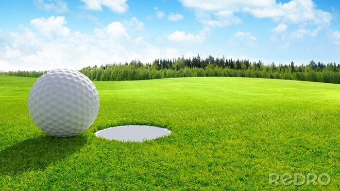 Poster  3d render Close up of golf ball on green in golf course. sport background.