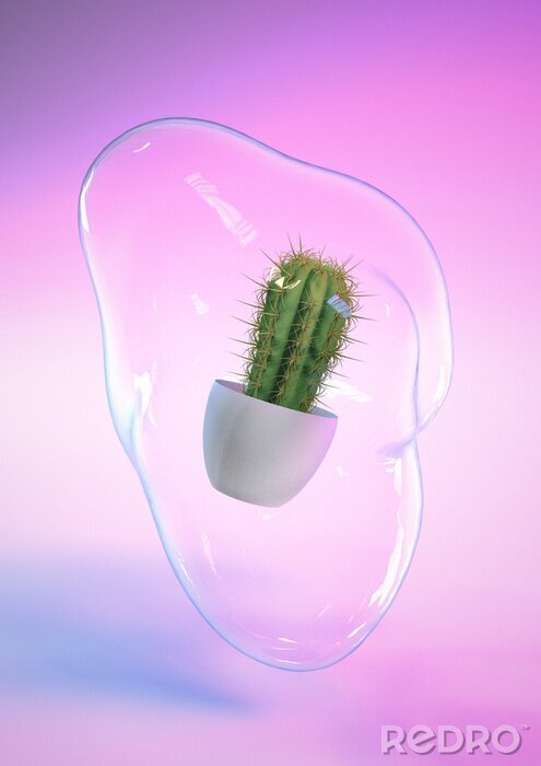 Poster  3D render of Cactus plant with soap bubble and blue and pink neon background. Contemporary style. Iridescent colors.