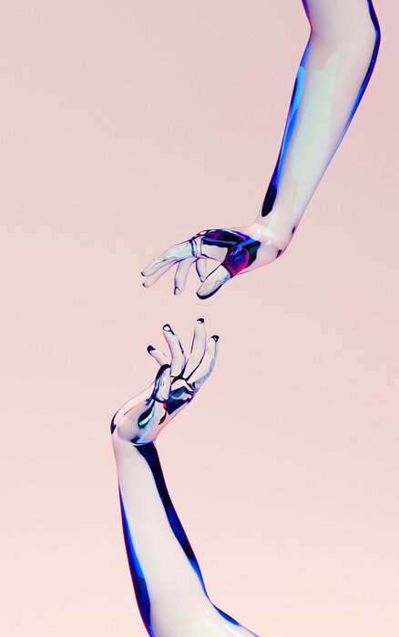 Poster  3d rendering illustration of glass  woman hands. Human body parts. Concept scene for graphic design projects. Modern look template, abstract idea. Free imagination. People artistic creative theme. 