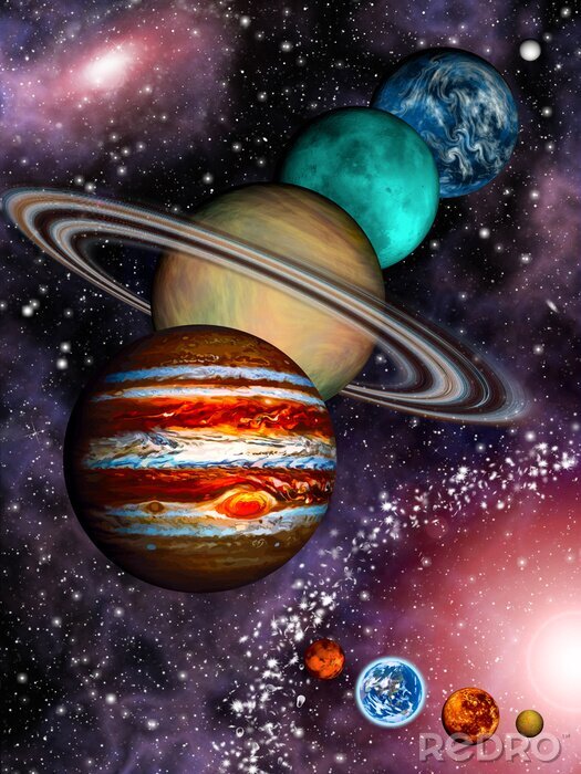 Poster  9 planètes du système solaire, ceinture d'astéroïdes et la galaxie en spirale.