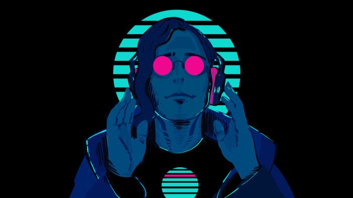 Poster  A guy with blue skin in pink, round glasses against a striped neon circle is listening to music in stereo headphones. Illustration of a sci-fi retro wave 80's on a black background.