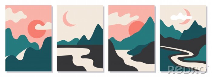 Poster  A set of rectangular abstract landscapes. Sun, Moon, mountains, clouds, rivers, plants. Asian design. Japanese motives. Layouts for social networks, ads, banners, posters. vector illustration