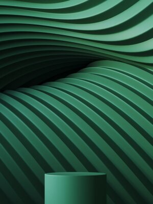 Poster  Abstract background for branding and minimal presentation. Green podium on folding paper pleated geometric background. 3d rendering illustration.