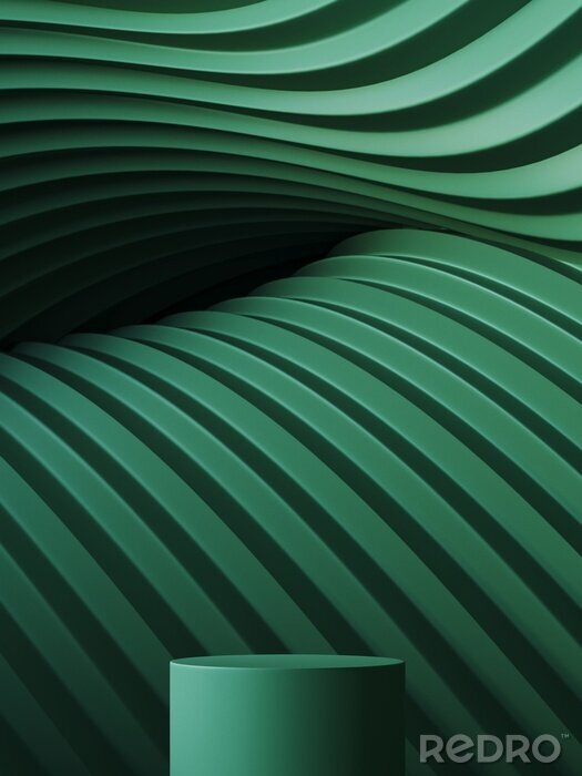 Poster  Abstract background for branding and minimal presentation. Green podium on folding paper pleated geometric background. 3d rendering illustration.