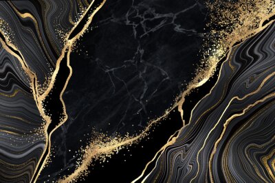 Abstract black marble background with golden veins, japanese kintsugi technique, fake painted artificial stone texture, marbled surface, digital marbling illustration