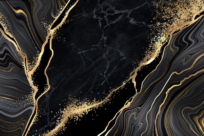 Poster  Abstract black marble background with golden veins, japanese kintsugi technique, fake painted artificial stone texture, marbled surface, digital marbling illustration