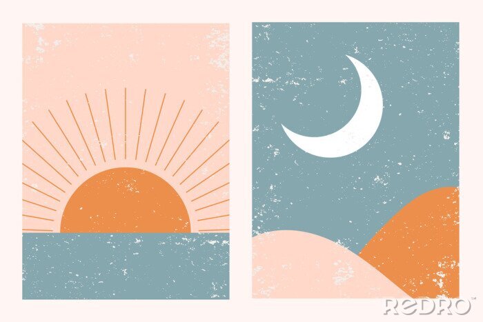 Poster  Abstract contemporary aesthetic background landscape set with Sun, Moon, sea, mountains. Earth tones, pastel colors. Boho wall decor. Mid century modern minimalist art print. Flat abstract design.