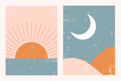 Sticker  Abstract contemporary aesthetic background landscape set with Sun, Moon, sea, mountains. Earth tones, pastel colors. Boho wall decor. Mid century modern minimalist art print. Flat abstract design.