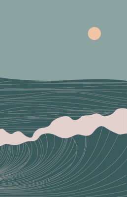 Poster  Abstract contemporary aesthetic landscape with Sun, Sea, wave, mountains. Mid century modern minimalist line art print. Background in retro asian japanese style. Vector illustrations