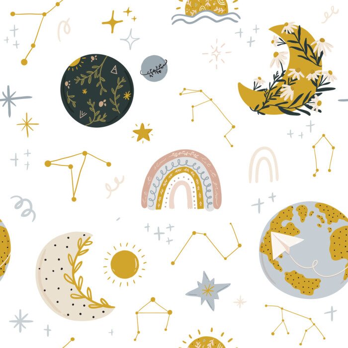 Poster  Abstract contemporary illustration with floral, fauna, moon, girls power elements. Trendy minimalist clip art with inspirational quote in scandinavian style, bohemian witch, magic mystery concept.